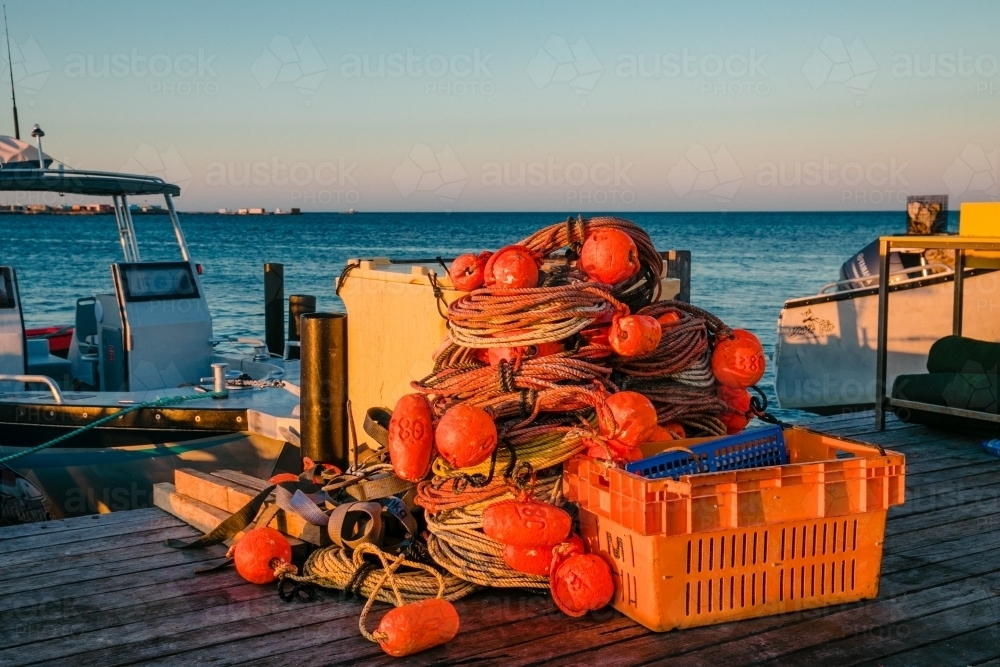 Horizontal shot of commercial crayfishing buoys on a jetty. - Australian Stock Image