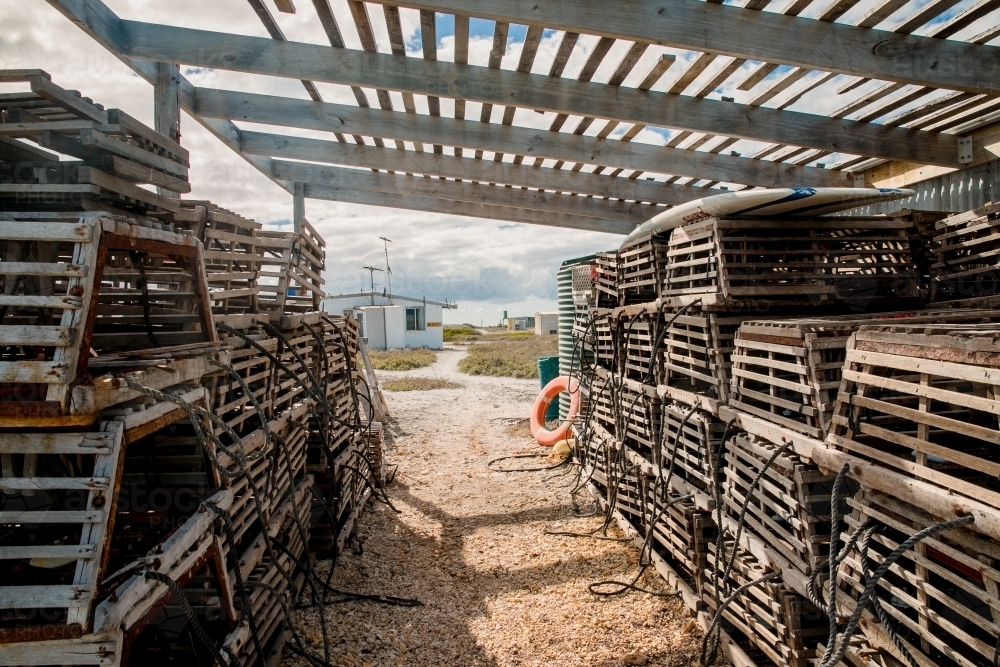 Horizontal shot of cray pots - Australian Stock Image