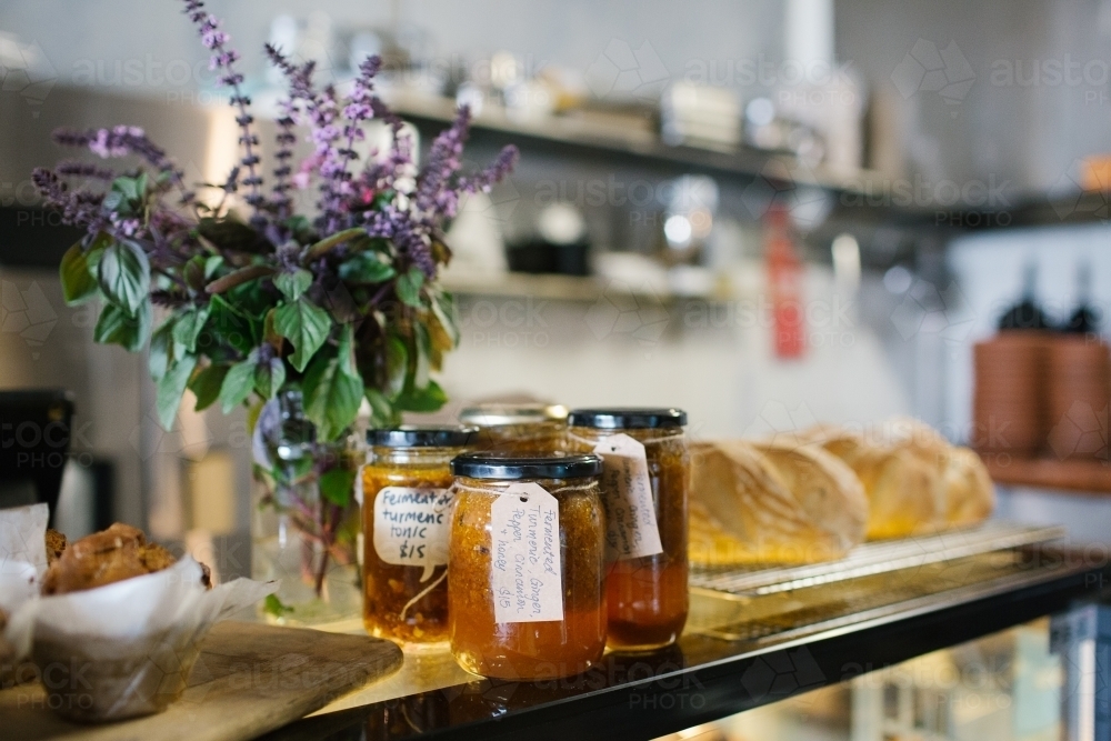 Horizontal shot of food and beverages inside a café - Australian Stock Image