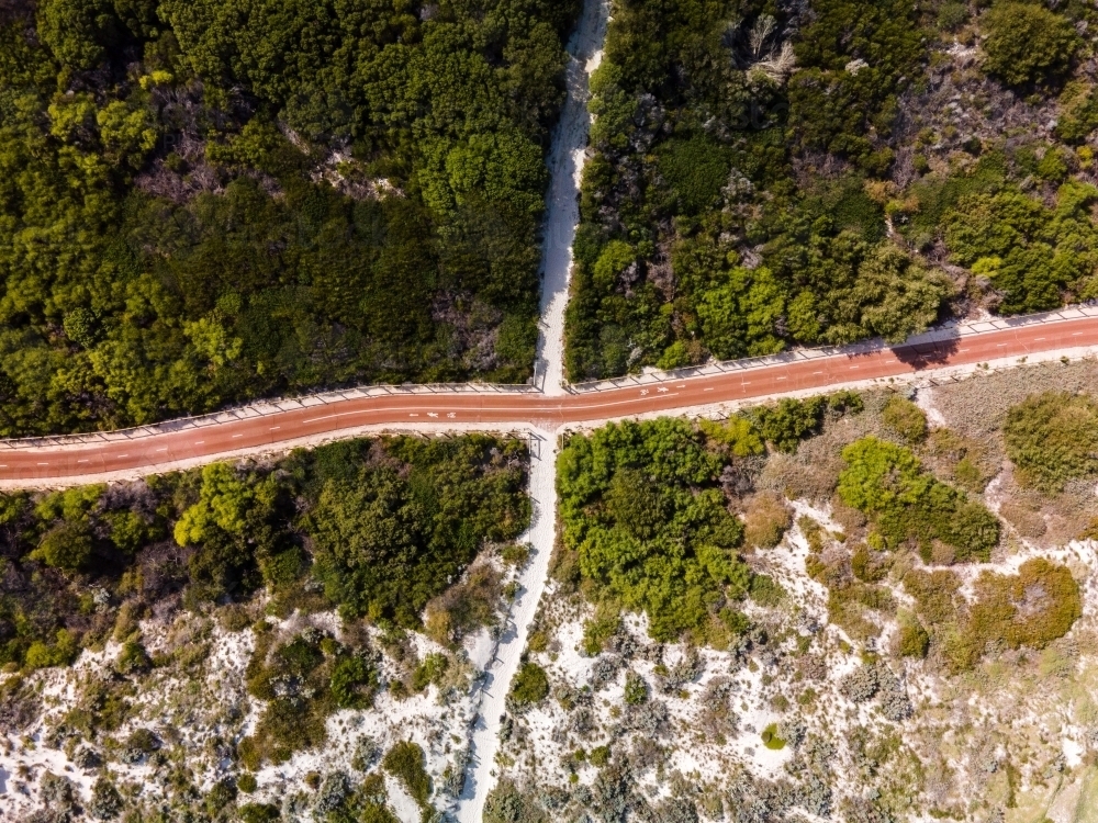 horizontal shot of Summers in Perth with white sand, green bushes, trees. and a road - Australian Stock Image