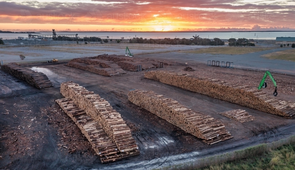 Horizontal shot of timber piles at sunset - Australian Stock Image