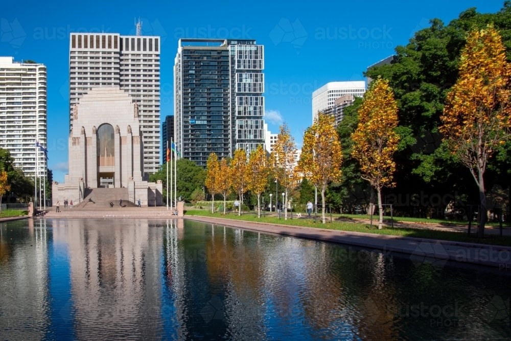 Hyde Park with ANZAC Memorial on a bright sunny day in autumn - Australian Stock Image