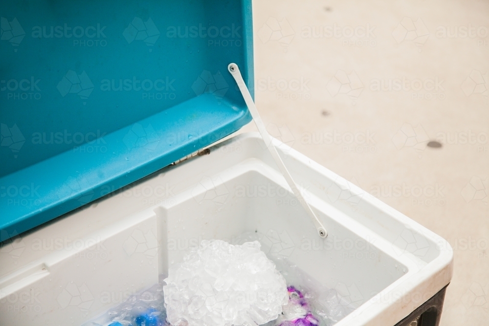 Ice and soft drinks in an esky - Australian Stock Image