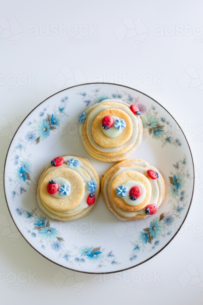 Icing sugar ladybugs on stacked biscuit birthday party treats   - Australian Stock Image