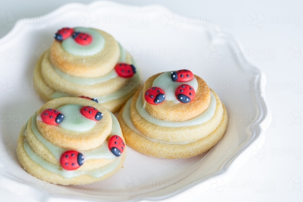 Icing sugar ladybugs on stacked biscuit birthday party treats   - Australian Stock Image