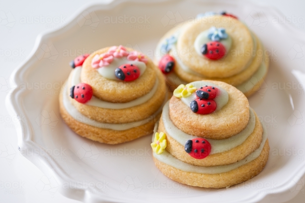 Icing sugar ladybugs on stacked biscuit birthday party treats   - Australian Stock Image