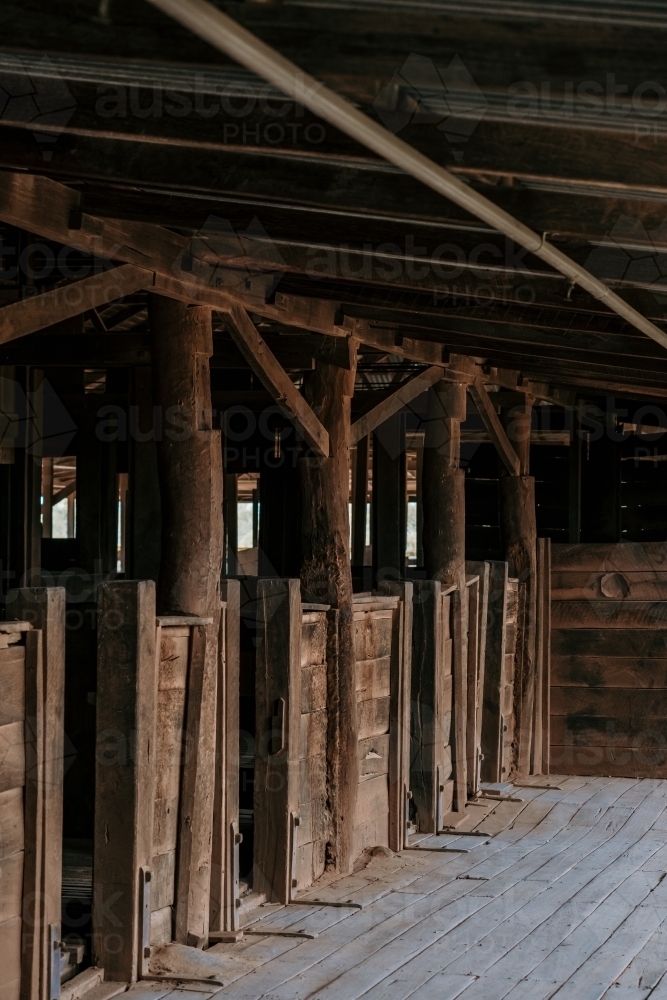 Interior of historic sheep shearing shed. - Australian Stock Image