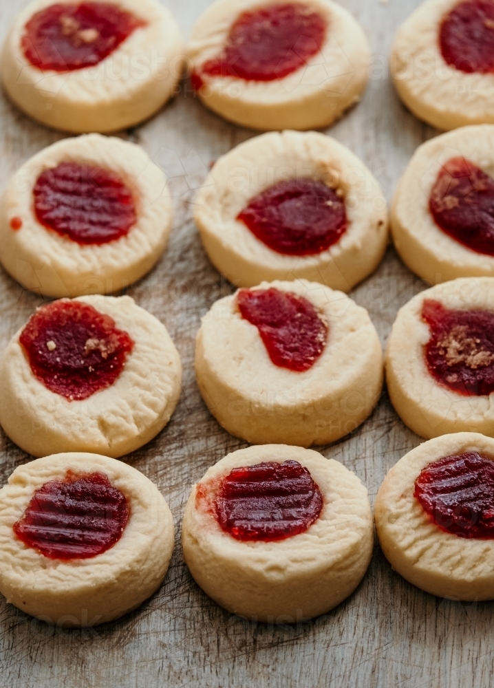 Jam drop biscuits close up - Australian Stock Image