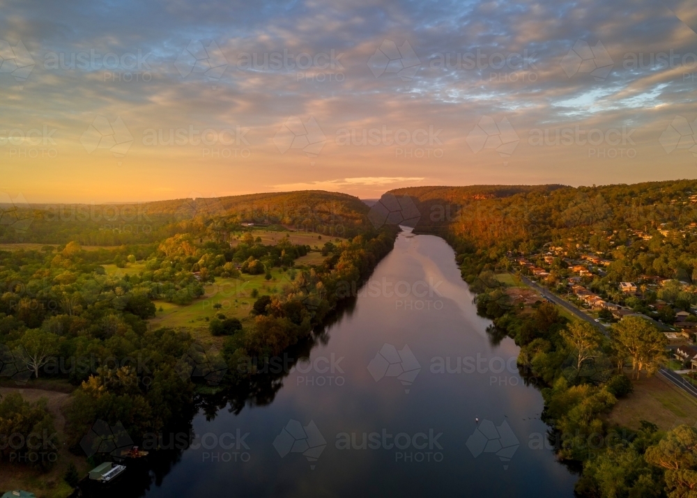 Just after sunrise, the Nepean River views south into the gorge and across the Penrith Valley - Australian Stock Image