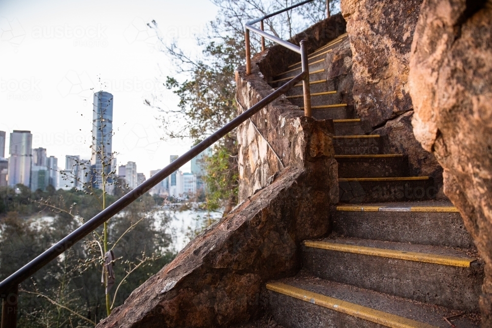 kangaroo point cliff stairs and Brisbane city buildings - Australian Stock Image