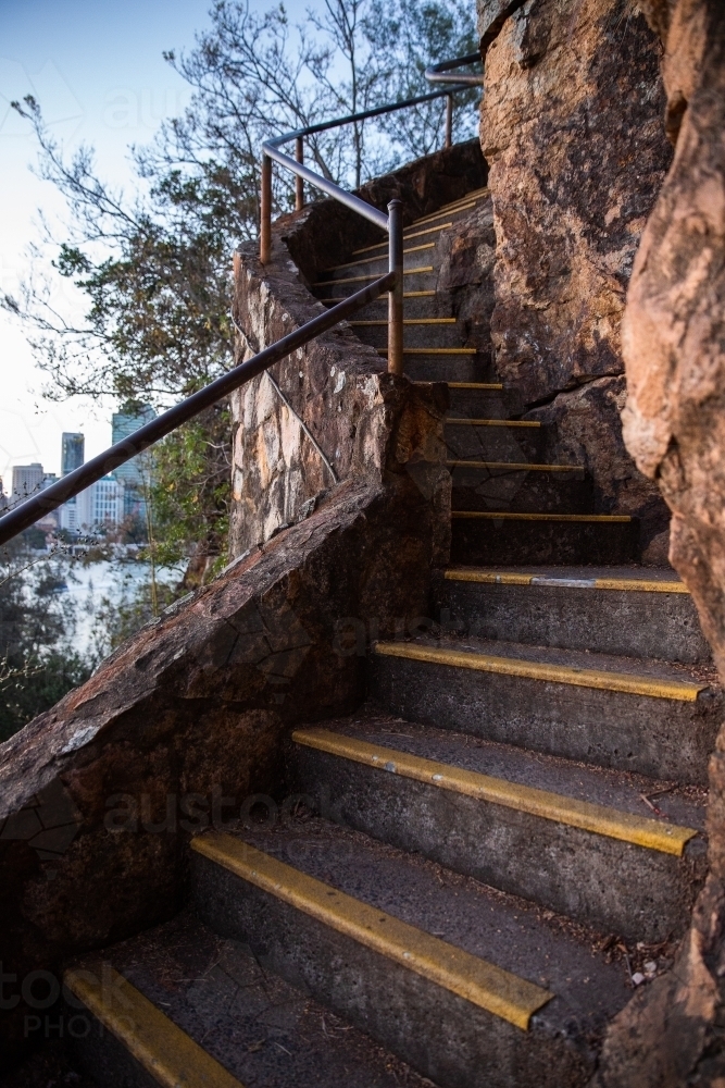 Kangaroo point stairs with Brisbane City - Australian Stock Image