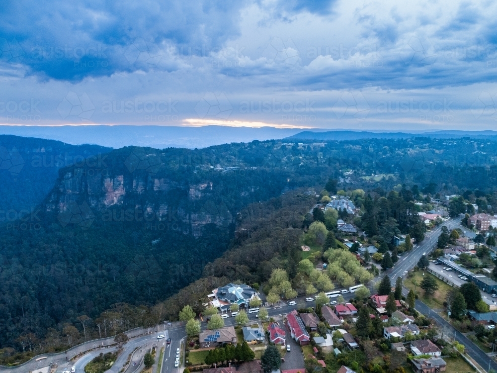 Katoomba in Blue Mountains with streets and houses seen from aerial view - Australian Stock Image