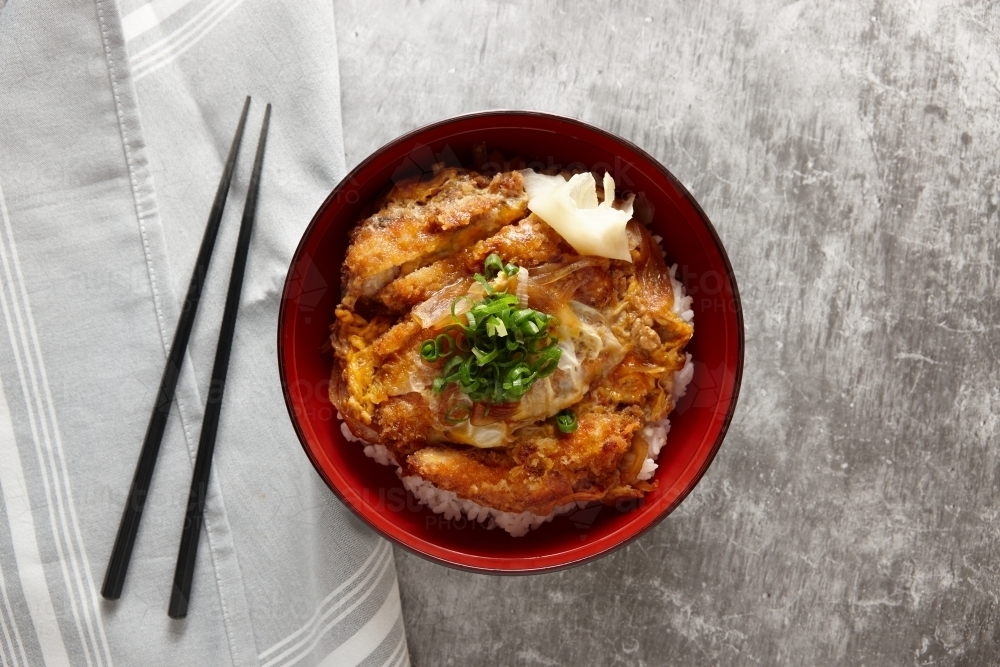 Katsu don dish on table - Australian Stock Image