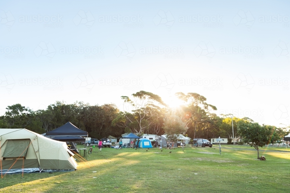 Lake Tabourie Holiday Park with tents and caravan locations - Australian Stock Image