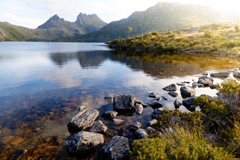 Landscape of Dove Lake and Smithies Peak, Cradle Mountain - Australian Stock Image