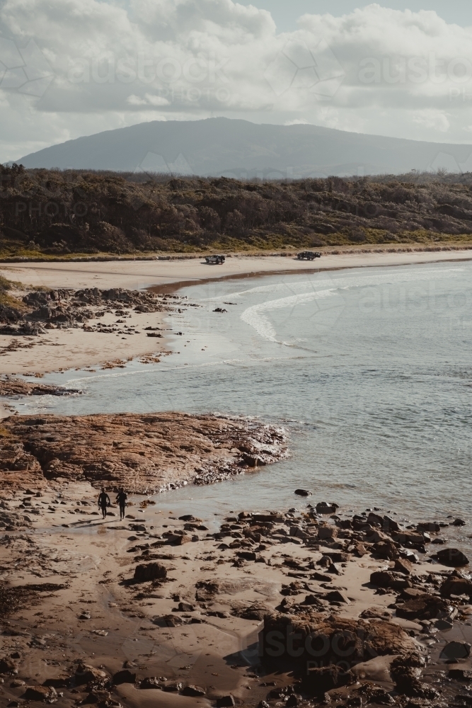 Landscape of the rocky coast and clear water at Diamond Head Beach, NSW. - Australian Stock Image