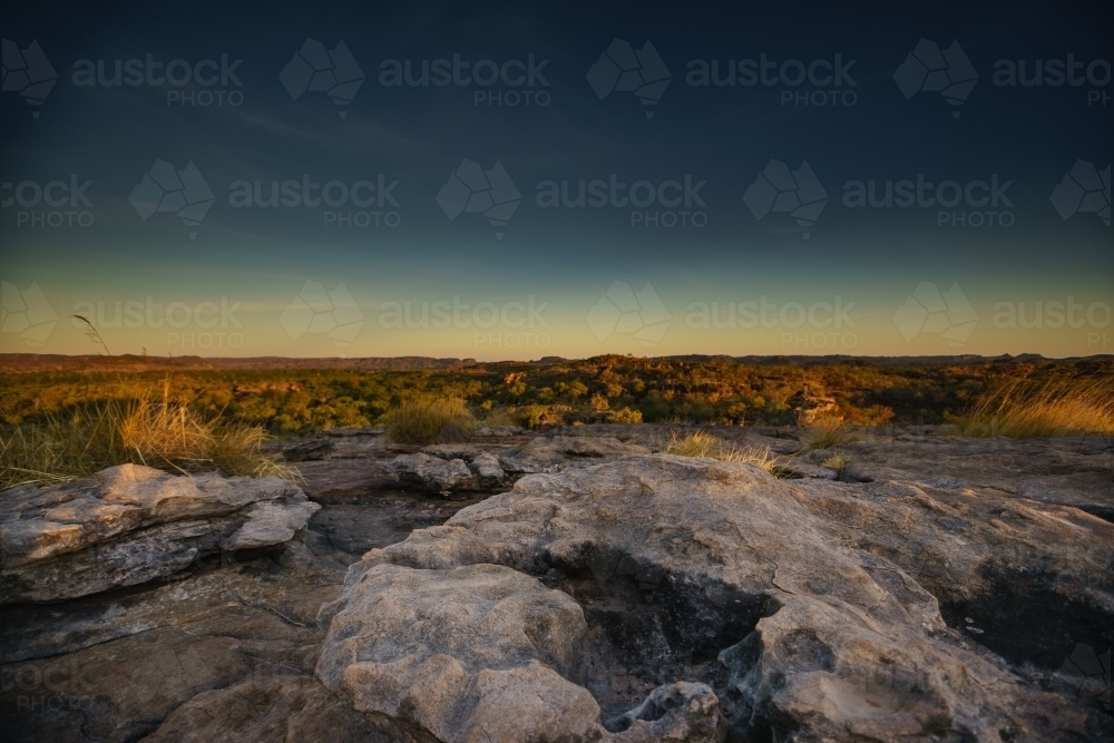 Large, textured rocks in a field of grasses and shrubs - Australian Stock Image