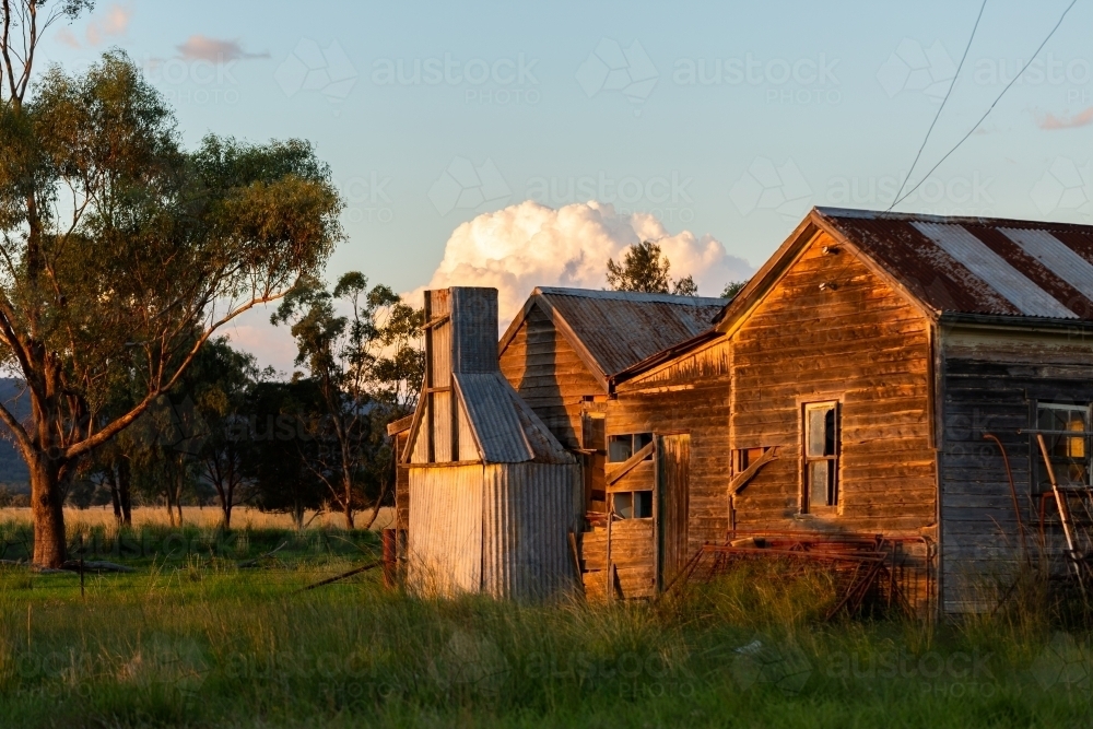 last sunset light hitting old dilapidated wooden shack on rural australian farm - Australian Stock Image