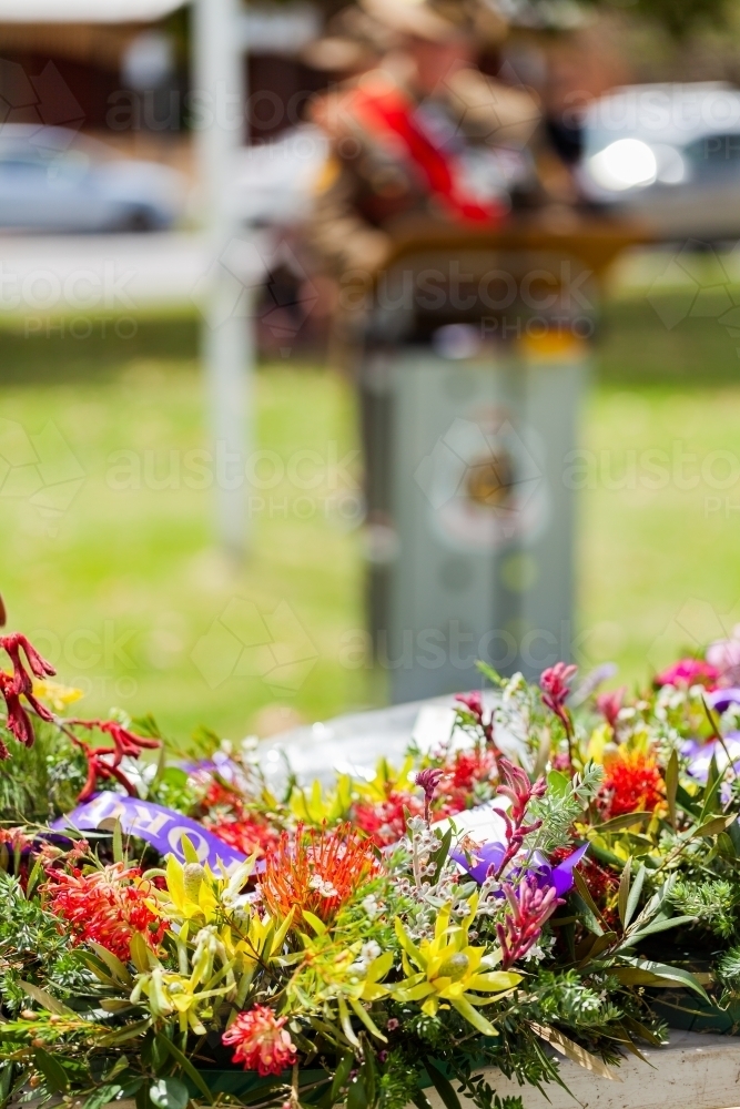 Lest we forget floral wreaths during remembrance day ceremony in Singleton - Australian Stock Image