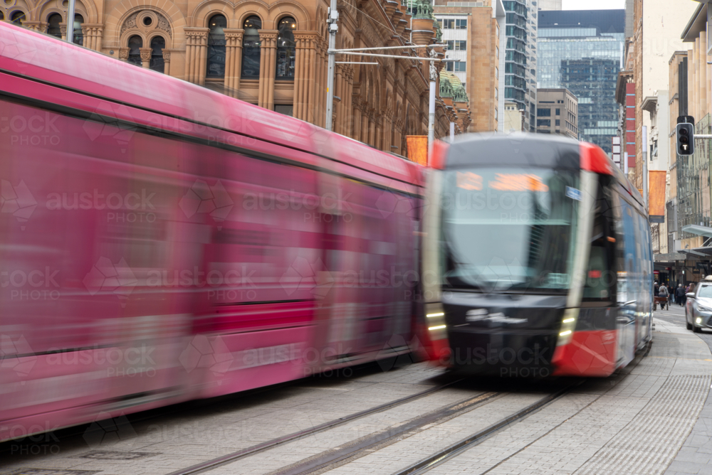 Light rail trams in the city on George Street, Sydney - Australian Stock Image
