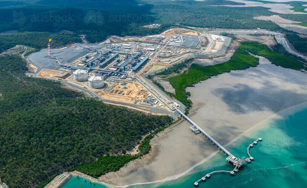 Liquified natural gas plant (LNG) during construction stage on Curtis Island in August 2015 - Australian Stock Image