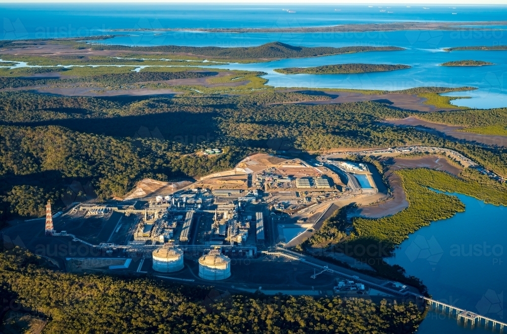 Liquified natural gas plant (LNG) during construction stage on Curtis Island in August 2015 - Australian Stock Image