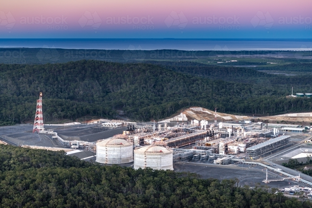 Liquified natural gas plant (LNG) on Curtis Island with the coral sea in the background. - Australian Stock Image