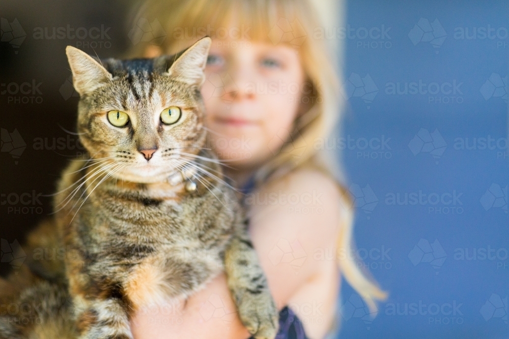 Little girl holding a cat - Australian Stock Image