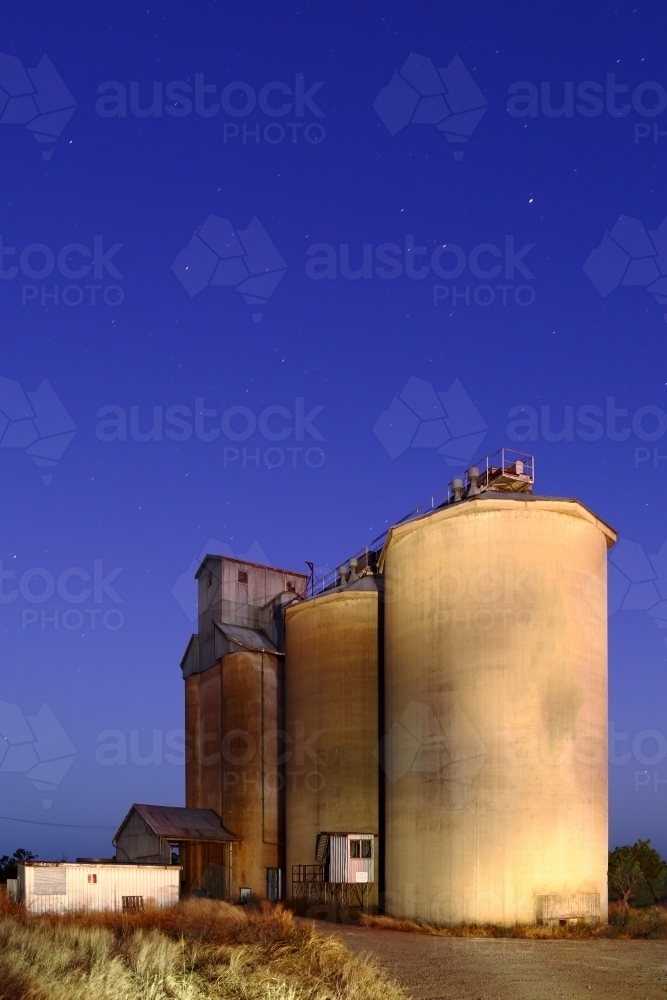 Long exposure light painting of grain silos at Breeza on the Liverpool Plains, New South Wales. - Australian Stock Image