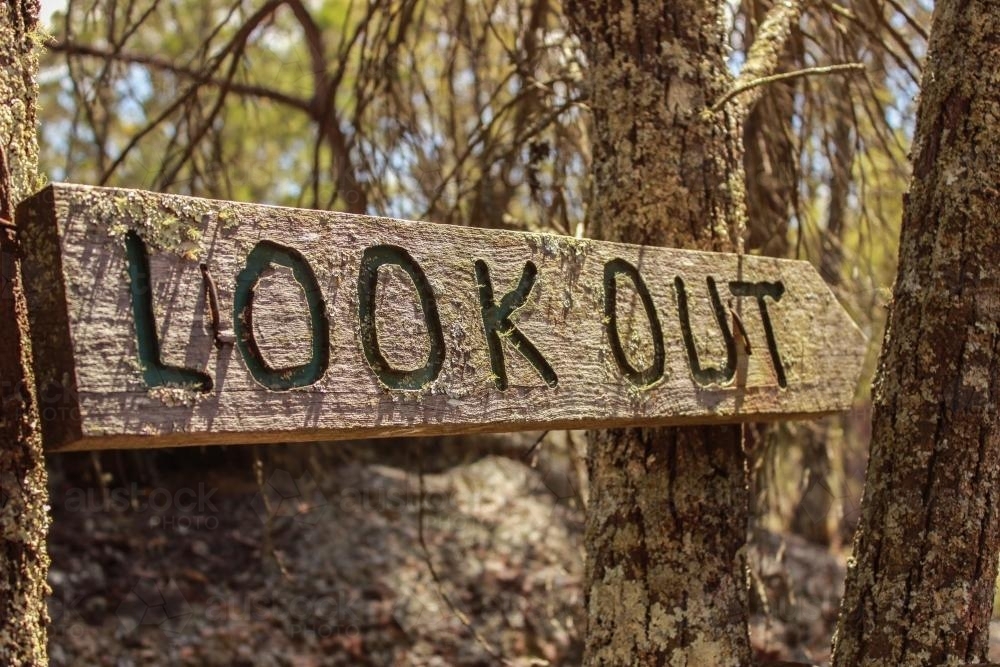 Look out sign in the bush at paradise park - Australian Stock Image