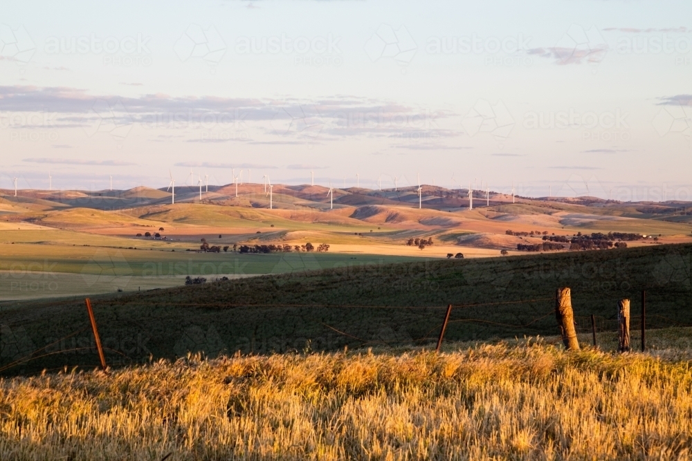 looking across green valley to wind turbines - Australian Stock Image