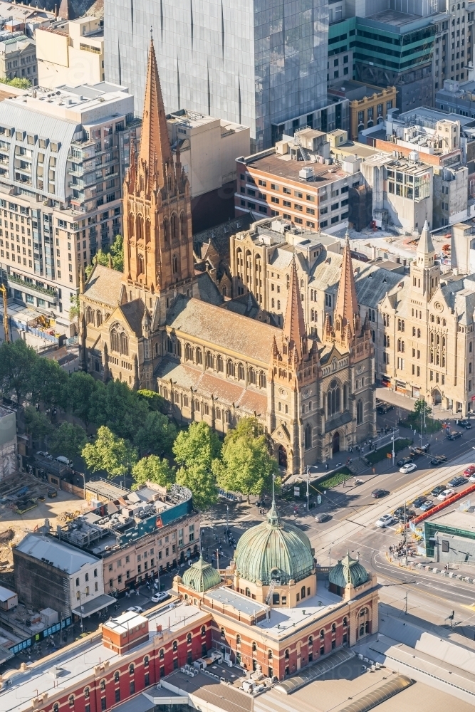 Looking down on a large city cathedral and historic buildings around a major city intersection - Australian Stock Image