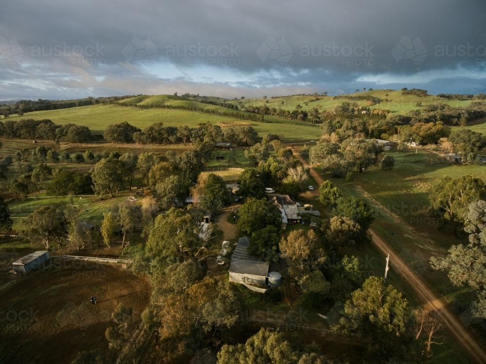 Looking Down on Farm Buidlings in Lurg, Victoria - Australian Stock Image