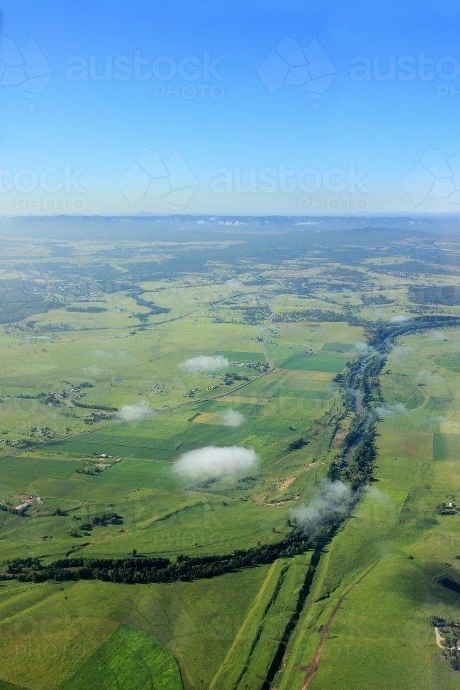 Looking down on hunter river and farmland from the sky - Australian Stock Image