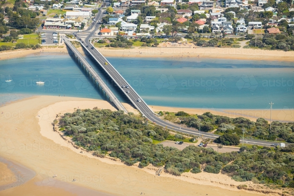 Looking down over the bridges crossing the Barwon River at Barwon Heads - Australian Stock Image