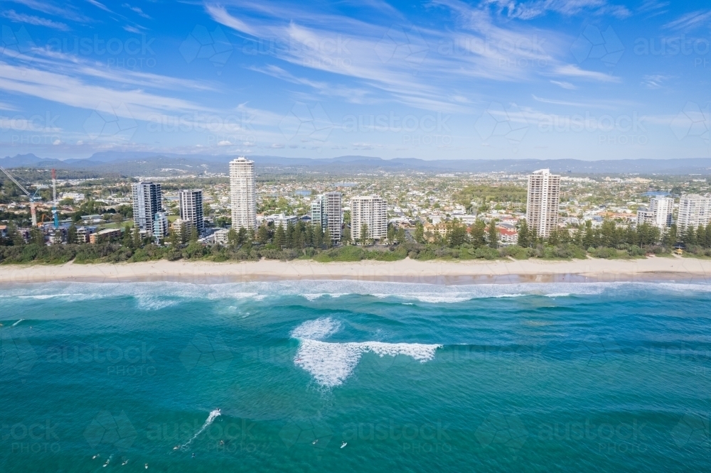 Looking toward Gold Coast skyscrapers from the ocean - Australian Stock Image