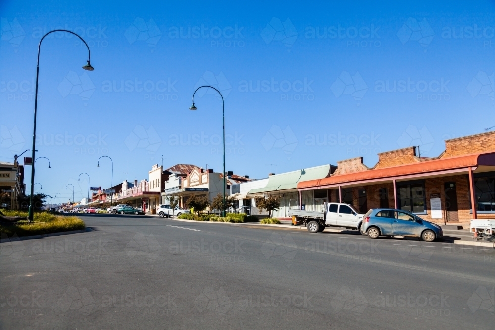 Main street in Gundagai NSW with cars parked and blue sky - Australian Stock Image