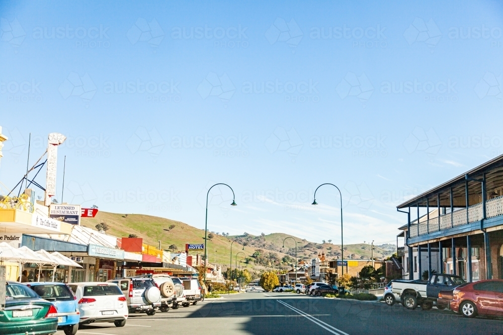 Main street in Gundagai NSW with cars parked at and angle - Australian Stock Image