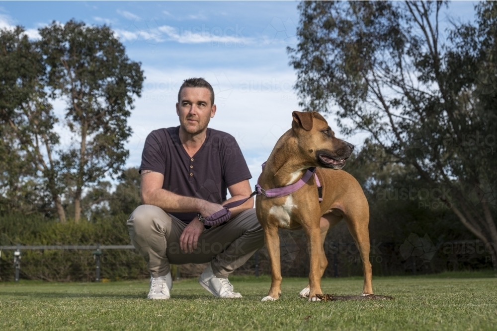 Man and Crossbreed Dog Squatting in Park - Australian Stock Image