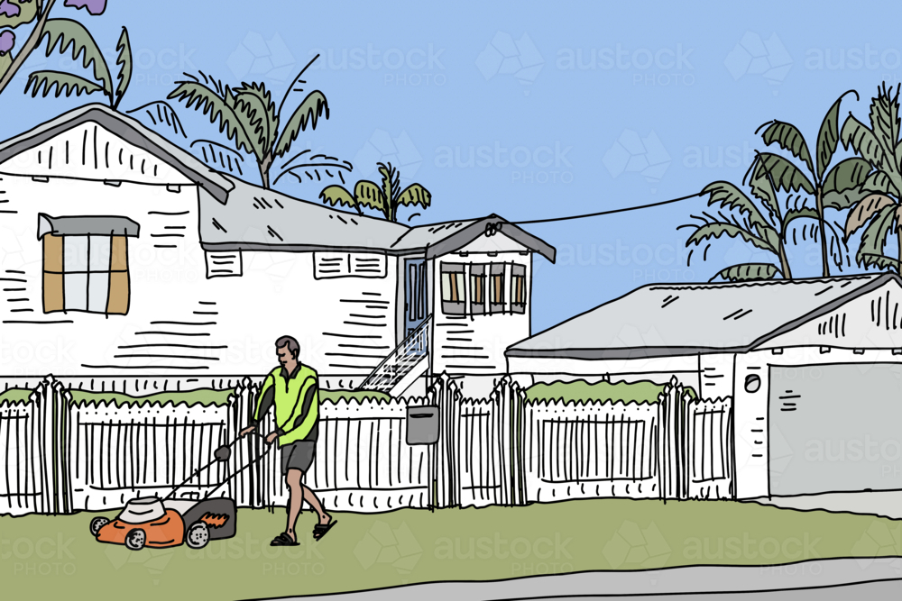 Man mowing lawn outside white Queenslander house - Australian Stock Image