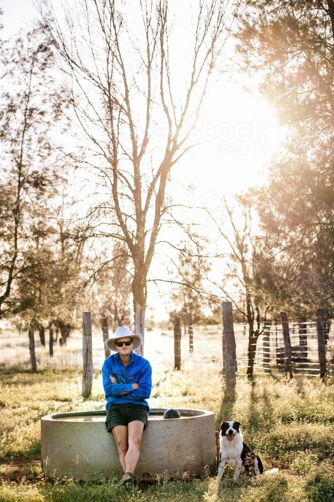 Man resting by a trough with a dog in the sun by a tree - Australian Stock Image