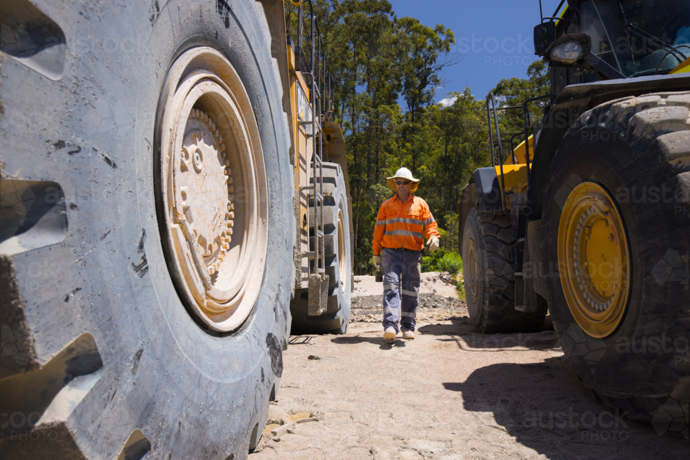 Man walking in between the massive wheels of payloader trucks on mine site - Australian Stock Image
