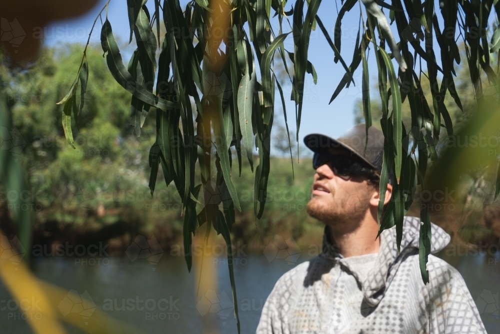 Man wearing hat and sunglasses looking through green foliage at sky, swimming hole in background - Australian Stock Image