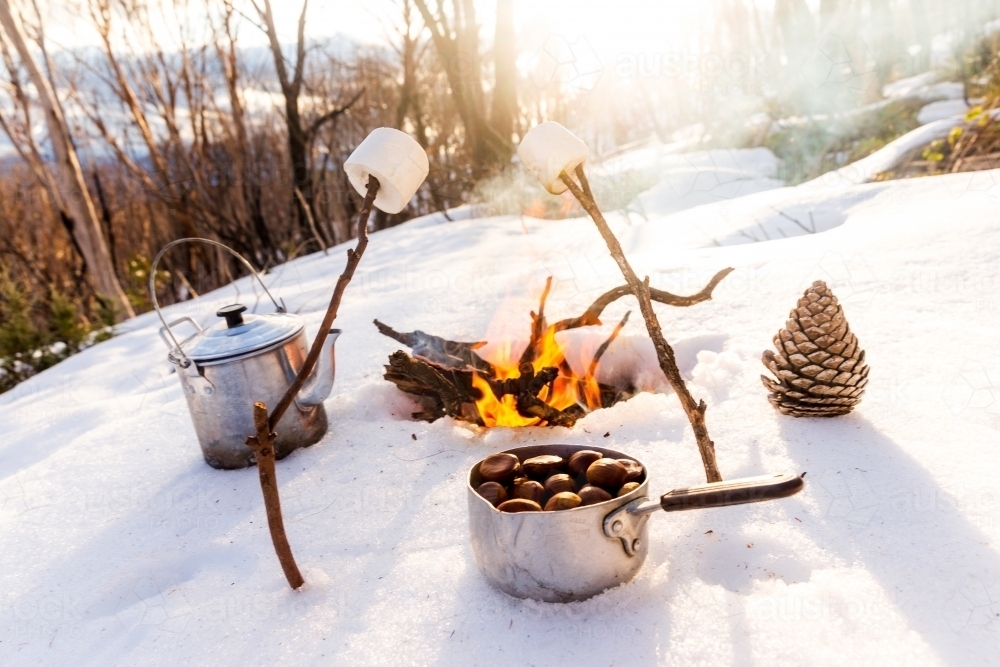 Marshmallow campfire in the snow - Australian Stock Image