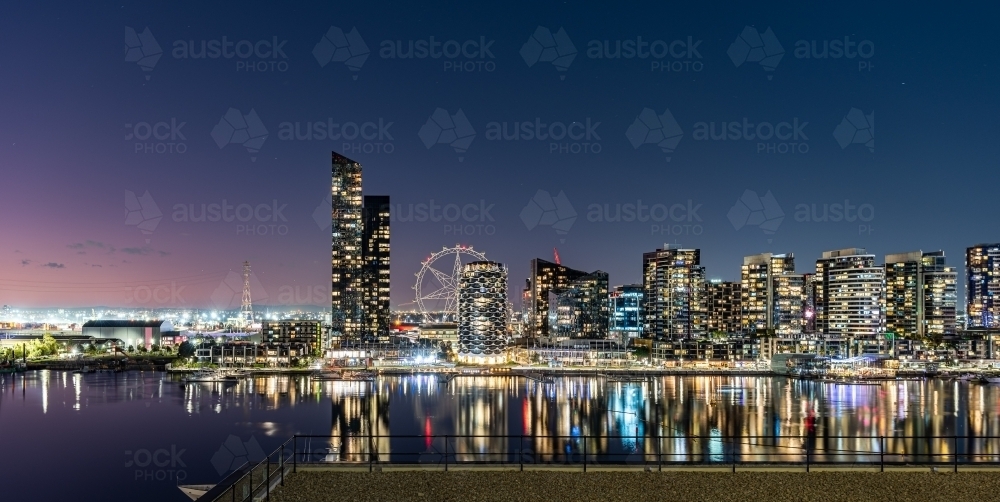 Melbourne Docklands city buildings at night - Australian Stock Image