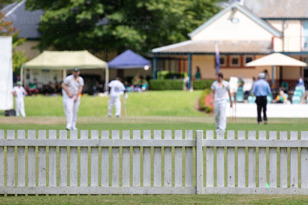 Men playing cricket at Bradman Oval, Bowral - Australian Stock Image