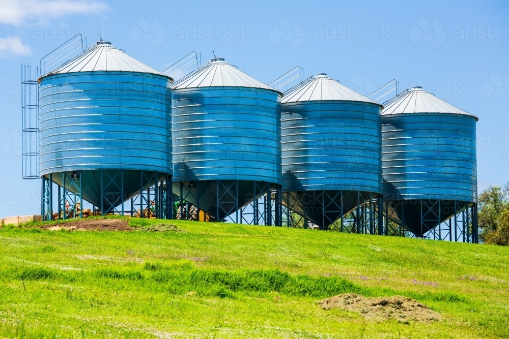 Metal Silos on a Corn Farm - Australian Stock Image