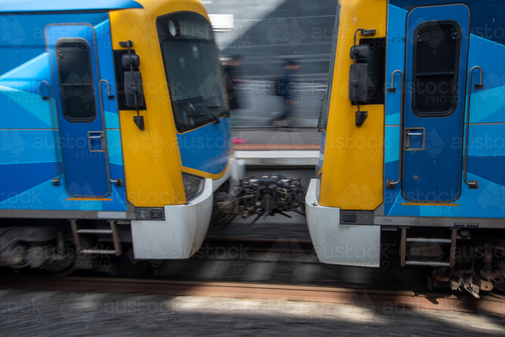 Metro train coupling as the train moves along the platform - Australian Stock Image