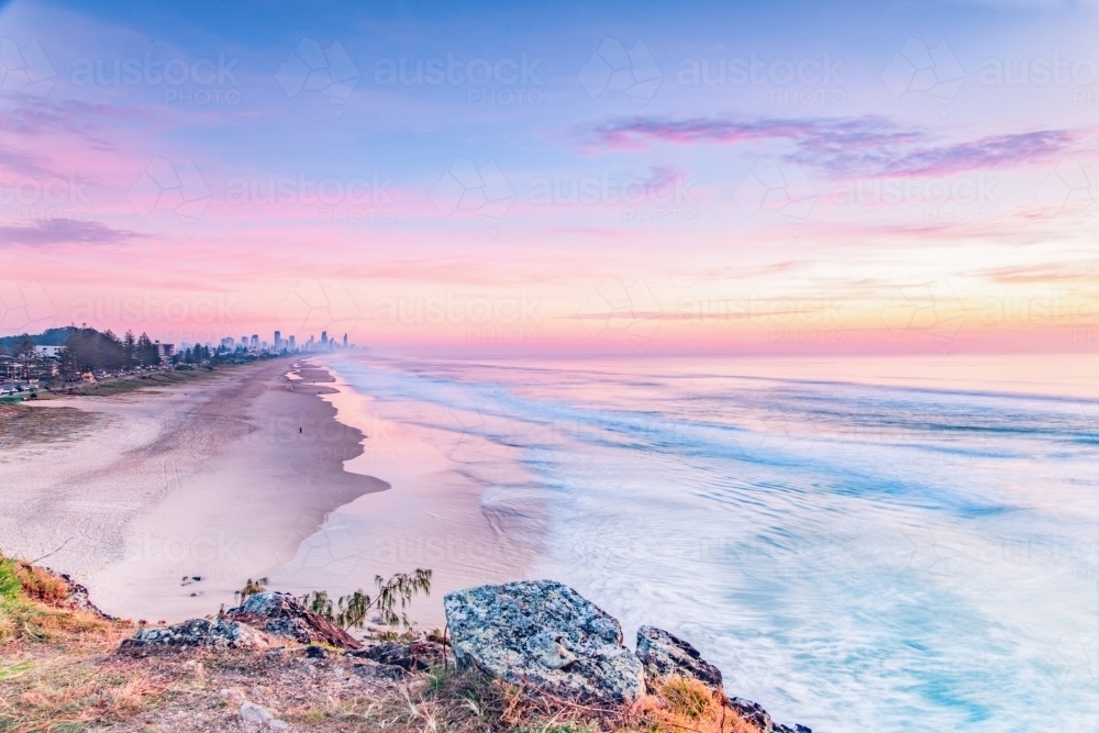 Miami lookout looking down on the Gold Coast skyline with coloured dawn sky. - Australian Stock Image