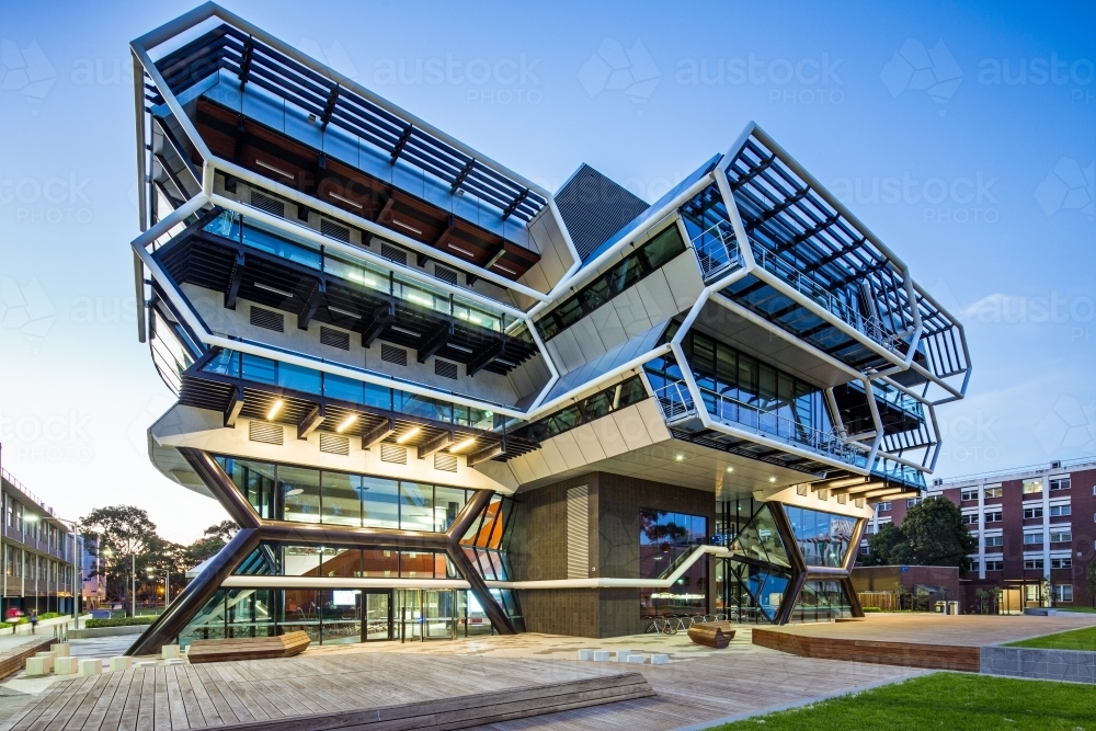 Monash University building with modern, unique, and futuristic design. - Australian Stock Image